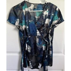 Ann Taylor Top Womens 8 Blue Gray Abstract Short Sleeve Tie Waist Blouse